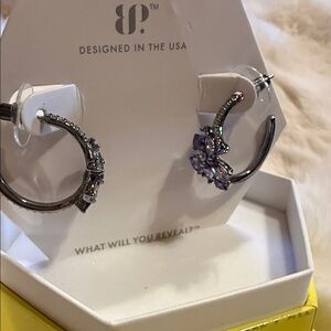 bp Silver-Tone Hoop Earrings with Purple Crystal Floral Clusters